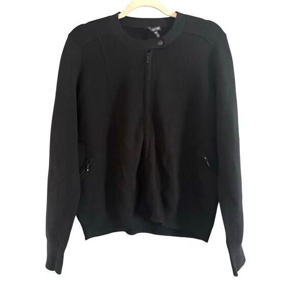 EILEEN FISHER Black Tab-Button Collar Full Zip Sweater Knit Moto Jacket - Sz M - Picture 1 of 4